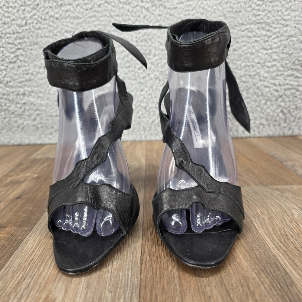 Brian Atwood Black Leather Ankle Tie Strappy Stiletto Heels Sandals Italy 40 9.5 - Picture 7 of 13